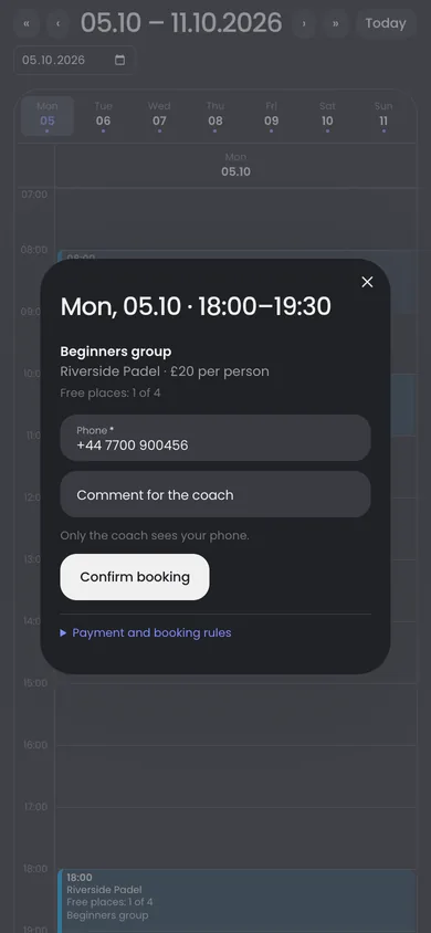 Agendamento de um treino em grupo pelo celular